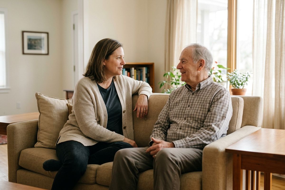 Adult and older adult sit on a couch in a bright living room, smiling and talking to each other, with plants and a bookshelf behind them.