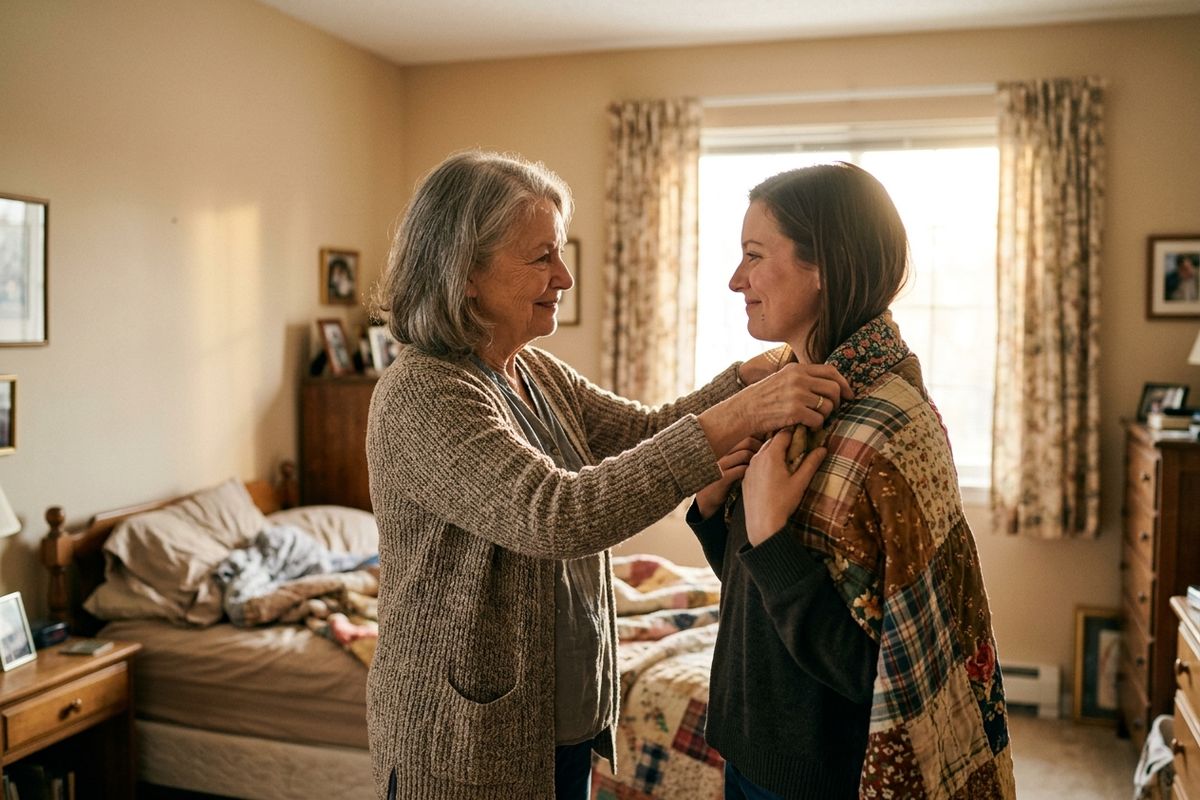 Older adult wraps a patchwork quilt around a smiling younger adult's shoulders in a sunlit bedroom with a bed, dressers, and framed photos.