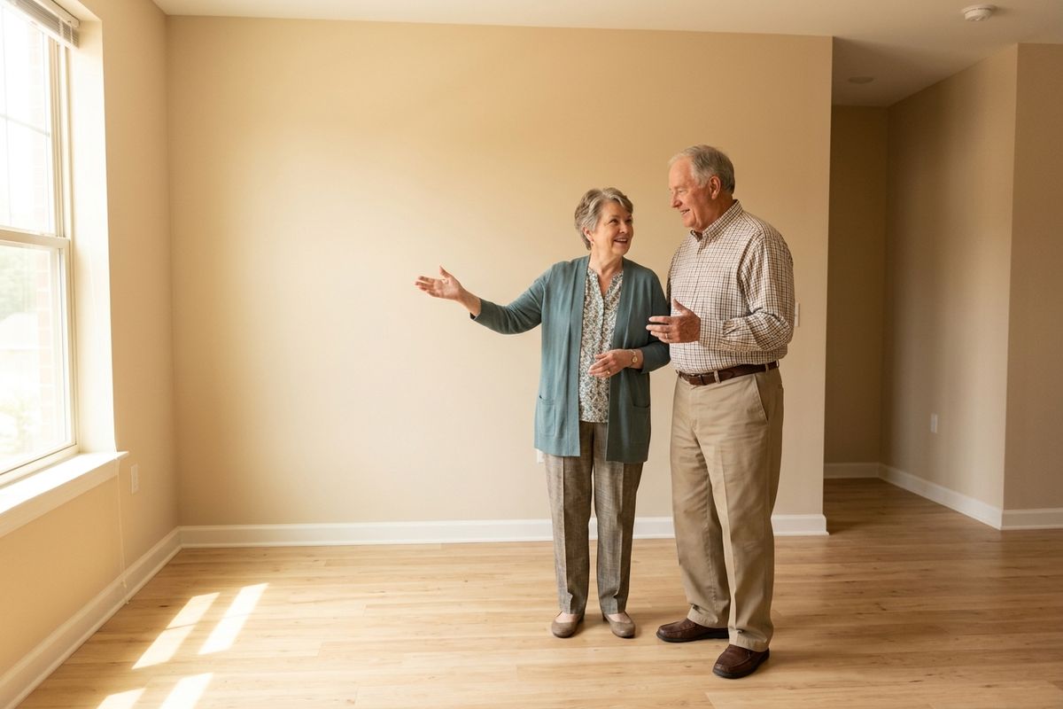 Two older adults stand smiling in an empty room with wood floors; one gestures toward the space while holding the other's arm.