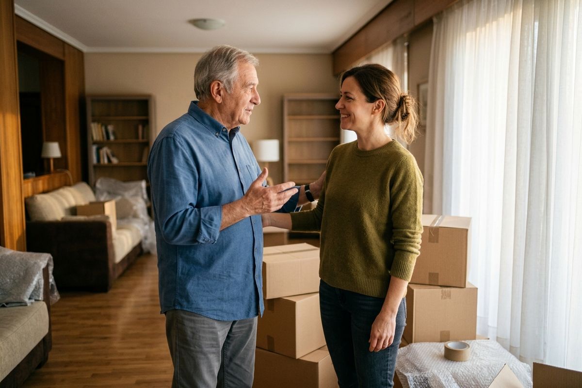Two adults stand talking and smiling in a living room beside stacked cardboard moving boxes, with bookshelves and a sofa behind them.