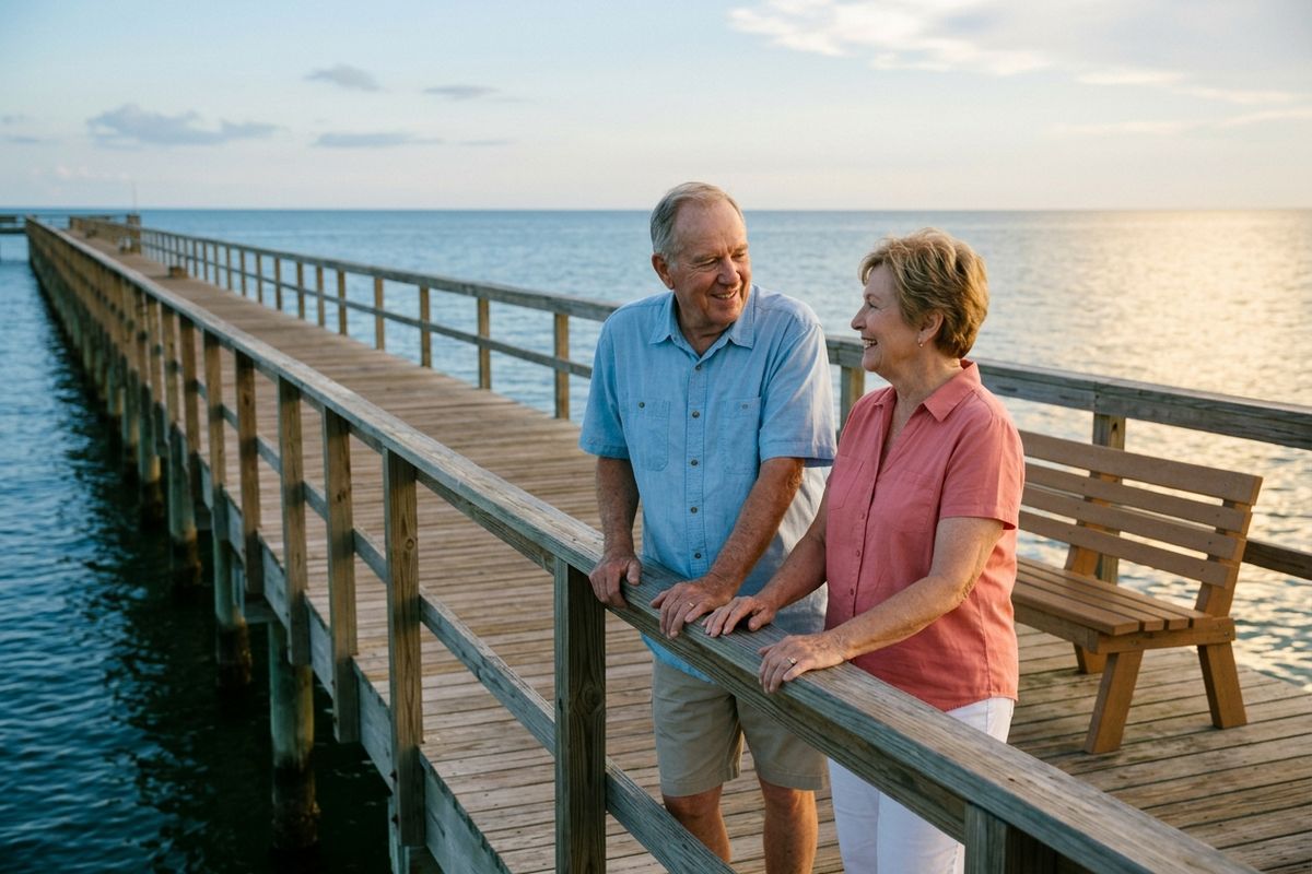 Two older adults stand at the wooden railing of a long pier over calm water, smiling at each other, with a bench nearby.