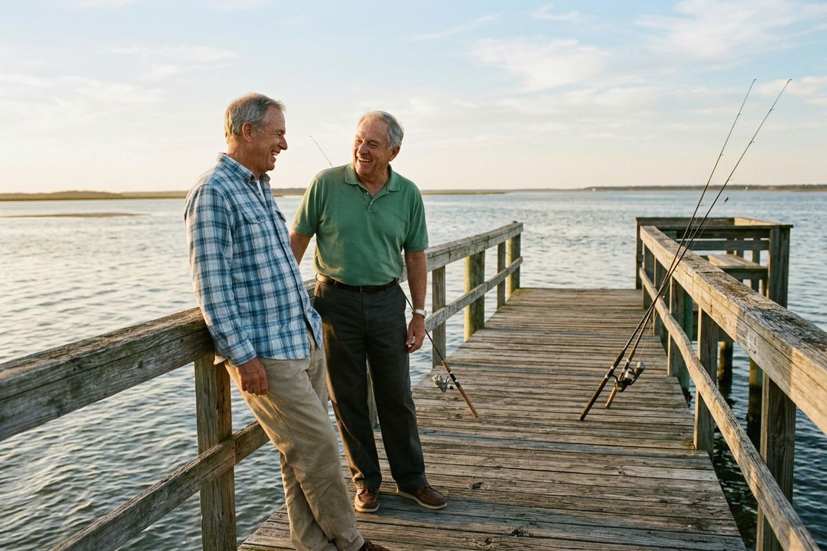 Two older adults stand laughing together on a wooden pier over calm water, with fishing rods leaning against the railing beside them.