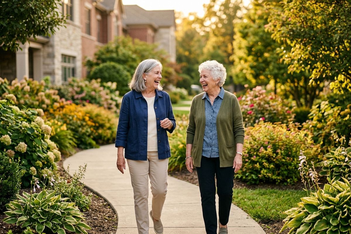 Two older adults walk side by side on a curved garden path, laughing together, with flowering shrubs and buildings behind them.