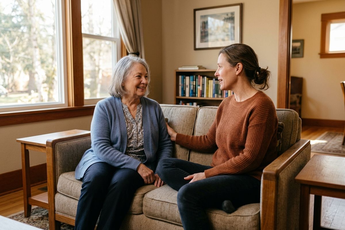 Two adults sit together on a sofa in a sunlit living room, talking and smiling, with a bookshelf and window behind them.