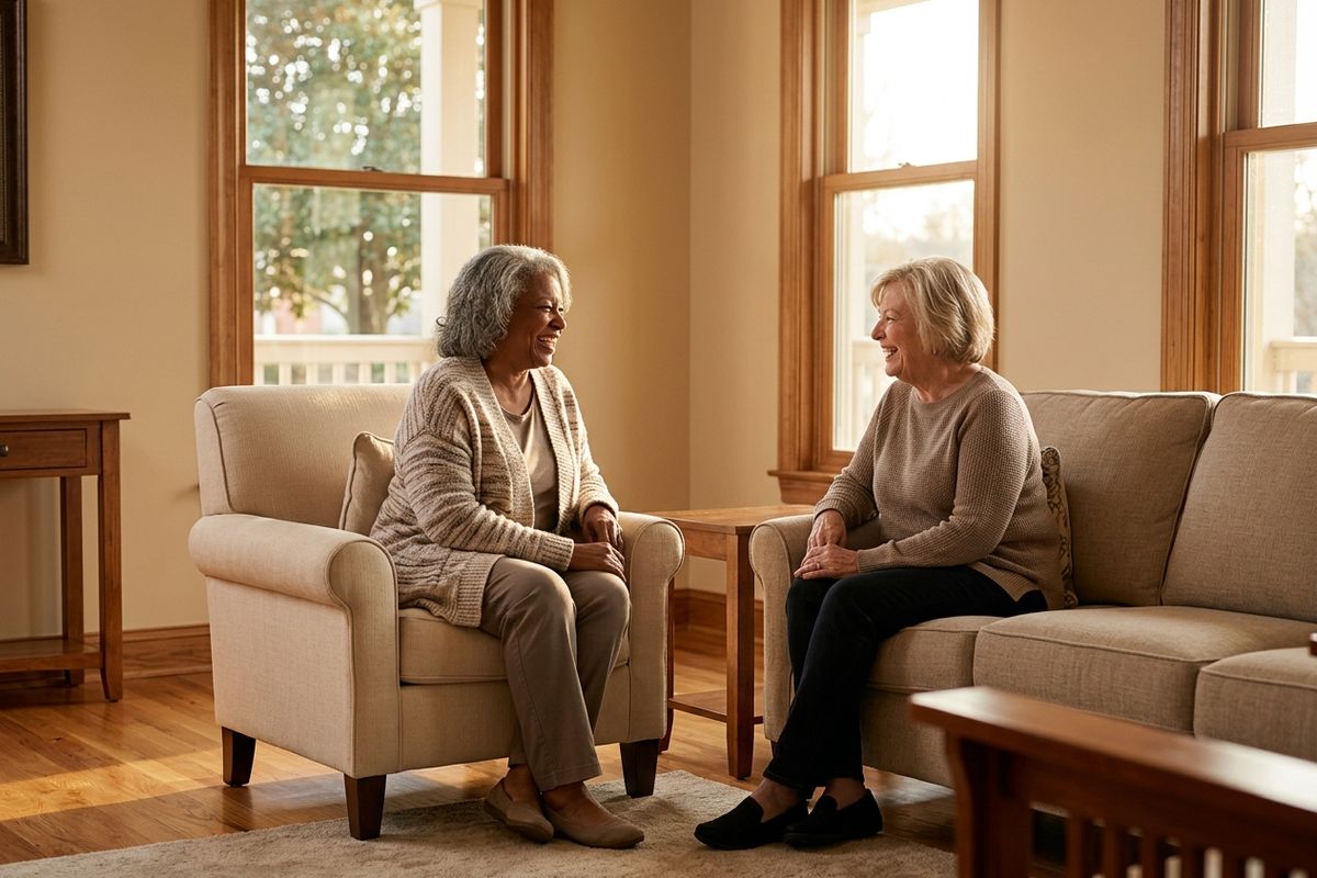 Two older adults sit facing each other in a sunlit living room, one in an armchair and one on a sofa, smiling while talking.