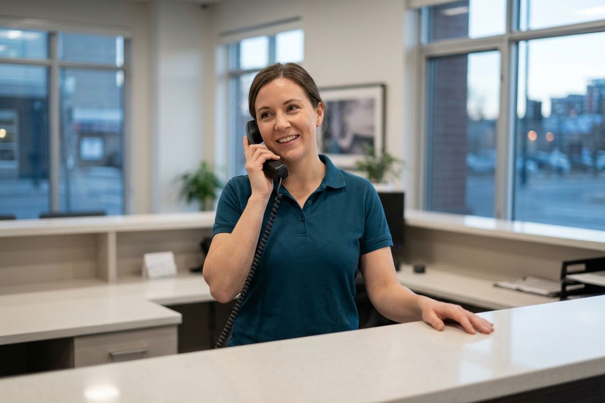 Receptionist in a teal polo shirt smiles while talking on a corded phone behind a bright front desk with large windows.