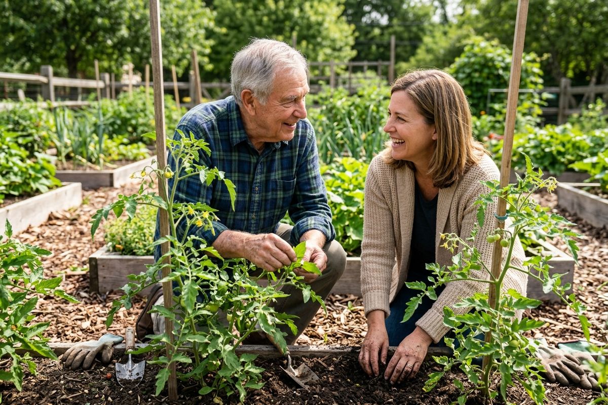 Older adult and younger adult kneel in a community garden, smiling and talking while tending staked tomato plants among raised beds.
