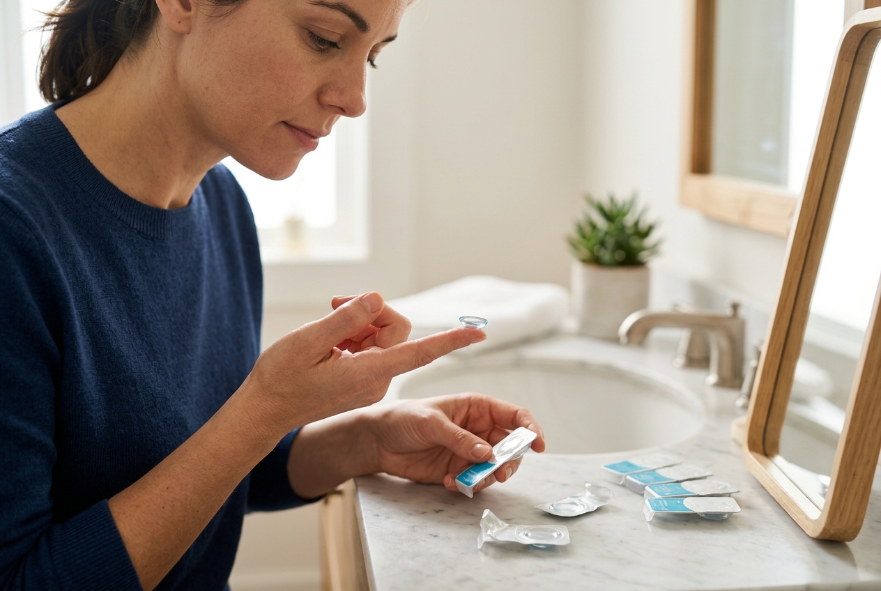 Person holding a contact lens on a fingertip at a bathroom sink, with opened lens blister packs on the marble counter.